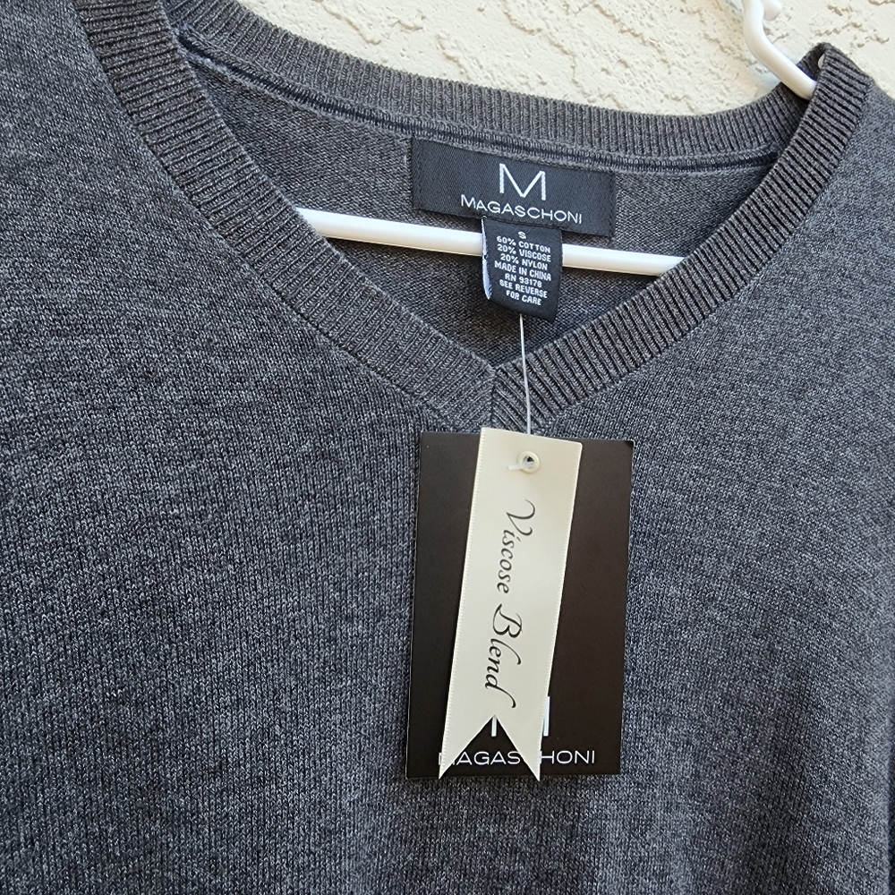 Magaschoni Men's V Neck Sweater Cotton Grey Size S New